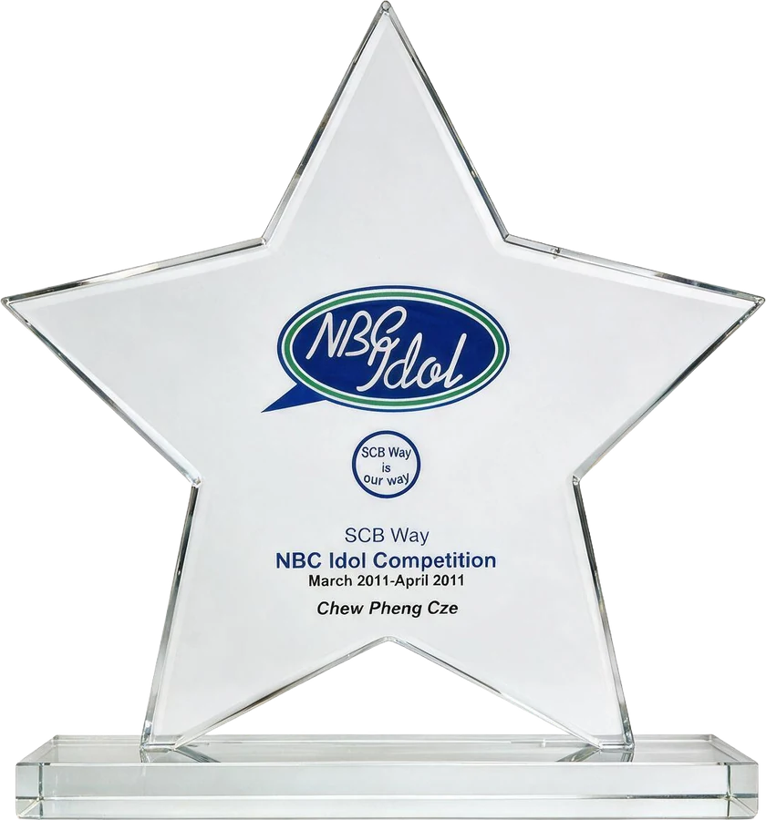 Crystal star trophy for the SCB Way NBC Idol Competition, March to April 2011, engraved BM Chew